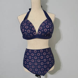 Kona Sol Navy Laser Cut Halter Bikini Swim top and bottom Size Large